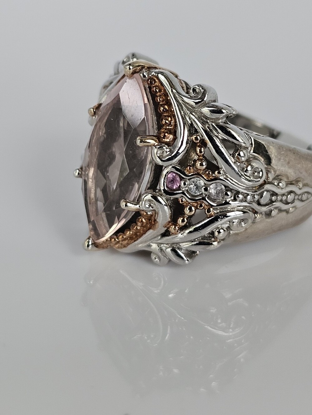 Retired Morganite & Pink Sapphire Ring Palladium Sterling Silver 18K Size 7! - Picture 8 of 9